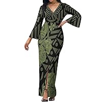 2023 Fashion Samoan Dress Women's Long-Sleeved high-Waisted Dress Polynesian Tribal Print MIDI Party Dress