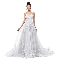 Women's Spaghetti Straps Long Tulle Prom Dress A Line Lace Wedding Dresses Backless
