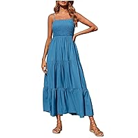 Warehouse Deals Clearance Summer Boho Dress for Women Spaghetti Strap Maxi Sundress Flowy Tiered Ruffle Beach Dress Solid Smocked Sundress Womens Dresses Blue