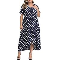 ALLEGRACE Womens Plus Size Dress Summer Short Sleeve Wrap Boho Casual Cocktail Flowy Maxi Dresses