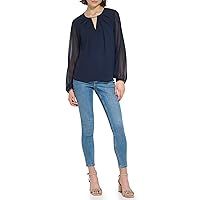 Calvin Klein Women's Trendy Poly Chiffon Longsleeve Shirred Front Blouse, Twilight, X-Large