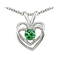 Tommaso Design Round Simulated Emerald Heart Pendant Necklace 14 kt White Gold