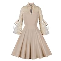 Womens Elegance Audrey Hepburn Style Mesh 3/4 Short Ruffle Sleeve Casual Swing A-line Dress 50s 60s Pinup Tea Dress
