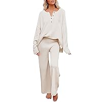 Pink Queen Women's 2 Piece Outfit Set Long Sleeve Button Knit Pullover Sweater Top and Wide Leg Pants Sweatsuit