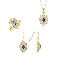Rylos Matching Jewelry Set 14K Yellow Gold Floral Pattern Halo Pendant Necklace, Earrings & Matching Ring. Gemstone & Diamonds, 18