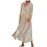 Maxi Dress for Women Long Sleeve Printing Cute Flowy Oversize Summer Beach Linen Dresses with Pocket