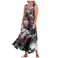 Dresses for Women,Women's Casual Flowy Beach Floral Print Sleeveless with Pocket Maxi Long Tank Sundress
