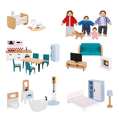 OOOK Wooden Dollhouse Furniture Set for Kids, 26 Pcs Dollhouse Accessories with 4 Family Dolls and Dog, Miniature Doll House Furniture Toys Pretend Play Gift for Girls Boys Age 3+