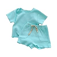 Girl Summer Clothes Child Solid Color Short Sleeve Crewneck Tops and Shorts Baby Summe 2PCS Set Comfy Outfits (Sky Blue, 3-6 Months)