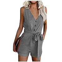 Casual Shorts Overalls for Women,Womens Casual V Neck Bow Pocket Sleeveless Shorts Wide Shorts Jumpsuits Rompers