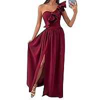EFOFEI Women's Sexy Sleeveless One Shoulder Dress Ruffle High Split Dress Party Evening Long Formal Dress