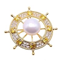 JYX Pearl Brooch Golden Rudder Pin 13mm White Freshwater Cultured Pearl Brooches Pins for Women