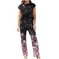 Plus Size Womens 2 Piece Sets Tracksuits Vintage Floral Outfits Cap Sleeve Slit Side Hem Tee Tops and Wide Leg Pants