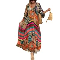 Retro Ethnic Print Dress Spring Summer Half-Sleeve Dress Ladies Sexy V-Neck Stitching Pleated Maxi Dress