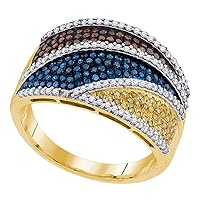 The Diamond Deal 10kt Yellow Gold Womens Round Multicolor Enhanced Diamond Striped Fashion Ring 3/4 Cttw