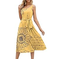 Clearance Dresses for Women 2024 Trendy Summer Beach Cotton Sleeveless Tank Dress Wrap Knot Dressy Casual Sundress with Pocket Today(4-Gold,Small)