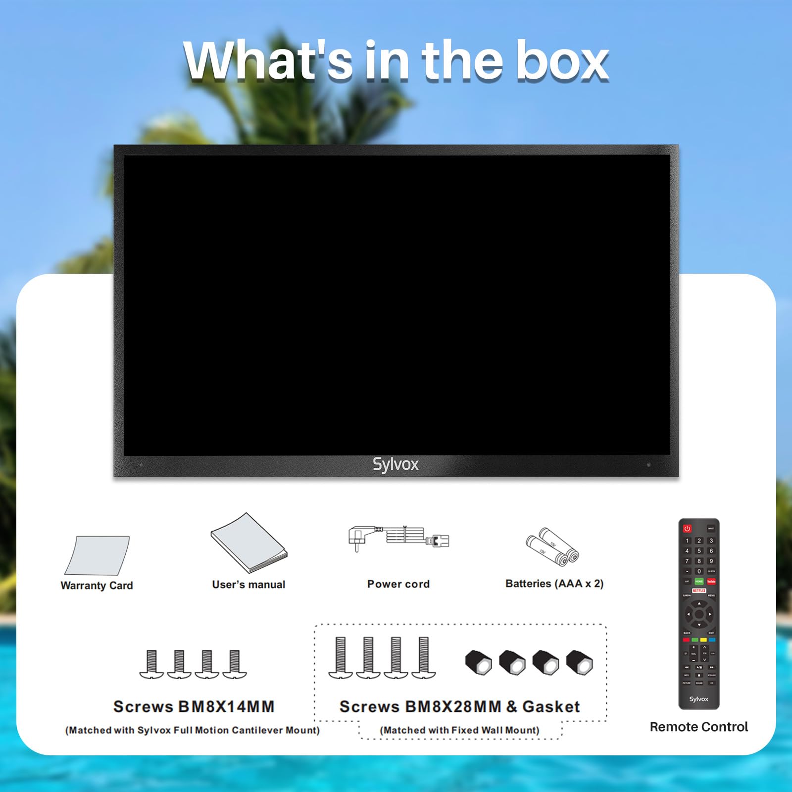 SYLVOX Outdoor TV, 43'' Full Sun 4K Outside TV Built-in APP, 2000nits High Brightness, IP55 Waterproof, Support WiFi Bluetooth