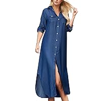 Ladies Shirt Dresses Fashion Print Loose Fit Button Three Quarter Sleeve Womens Maxi Dress with Pocket,Women Outfit