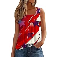 4th of July Tank Tops for Women 2024 Sleeveless Pleated Loose Fit Square Neck Design Casual Street Style Daily T-Shirt