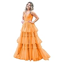 Spaghetti Straps Tulle Prom Dresses with Slit Tiered Ruffle Formal Evening Dress Long Ball Gown
