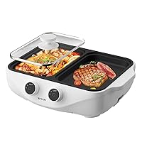 Mini Hot Pot Electric with Grill, 2 in 1 Indoor Non-Stick Shabu Shabu Pot and Griddle, Portable Hot Pot with Korean BBQ Grill for BBQ Steak Noodles, Independent Dual Temperature Control, White