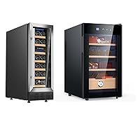 KingChii 12 Inch 16 Bottle Dual Zone Wine Cooler Refrigerator + 48L Electric Cigar Humidors, Temperature Control Cabinet with Spanish Cedar Wood Shelves (300 Counts Capacity)