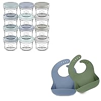 KeaBabies 12-Pack Baby Food Glass Containers and 2-Pack Baby Silicone Bibs - 4 oz Leak-Proof, Microwavable, Baby Food Storage Container - Waterproof, Easy Wipe Silicone Bib for Babies, Toddlers