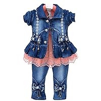 Peacolate Spring Autumn Little Girls Clothing Set 3pcs Long Sleeve T-Shirt Denim Jacket and Jeans