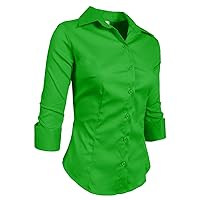 NE PEOPLE Button Down Shirt - Women's 3/4 Sleeve Roll Up Stretch Collar Office Work Formal Casual Basic Blouse Top NEWT01 Lime 2X