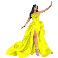 Yellow Mermaid Prom Dresses with Detachable Train Strapless Sparkly Sequin Ball Gown with Slit Sexy Tight Long Satin Corset Formal Gowns and Evening Dresses 2024
