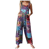 Womens Overalls Romper Fashionable Ethnic Style Patchwork Printed Button Up Jumpsuit With Straps Trousers