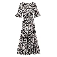 Women's Summer Chiffon Sundress Short Sleeve V Neck Print Flowy Pleated Layered Cocktail Dress