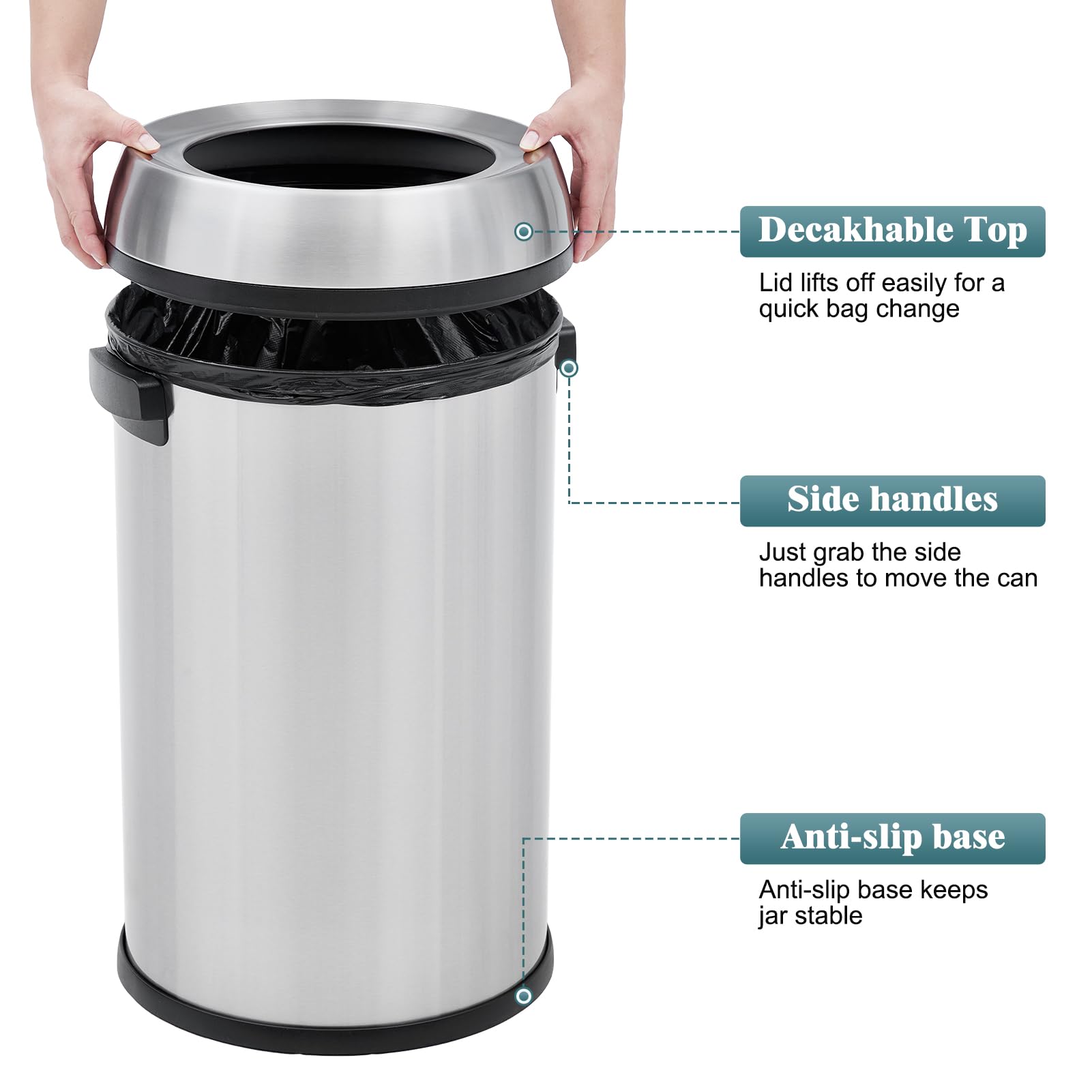 GlowSol 17 Gallon Large Capacity Kitchen Trash Can, Commercial Open Trash Can, Heavy Duty Brushed Stainless Steel Garbage Can, 65 Liter, Suitable for Kitchen Outdoor Office