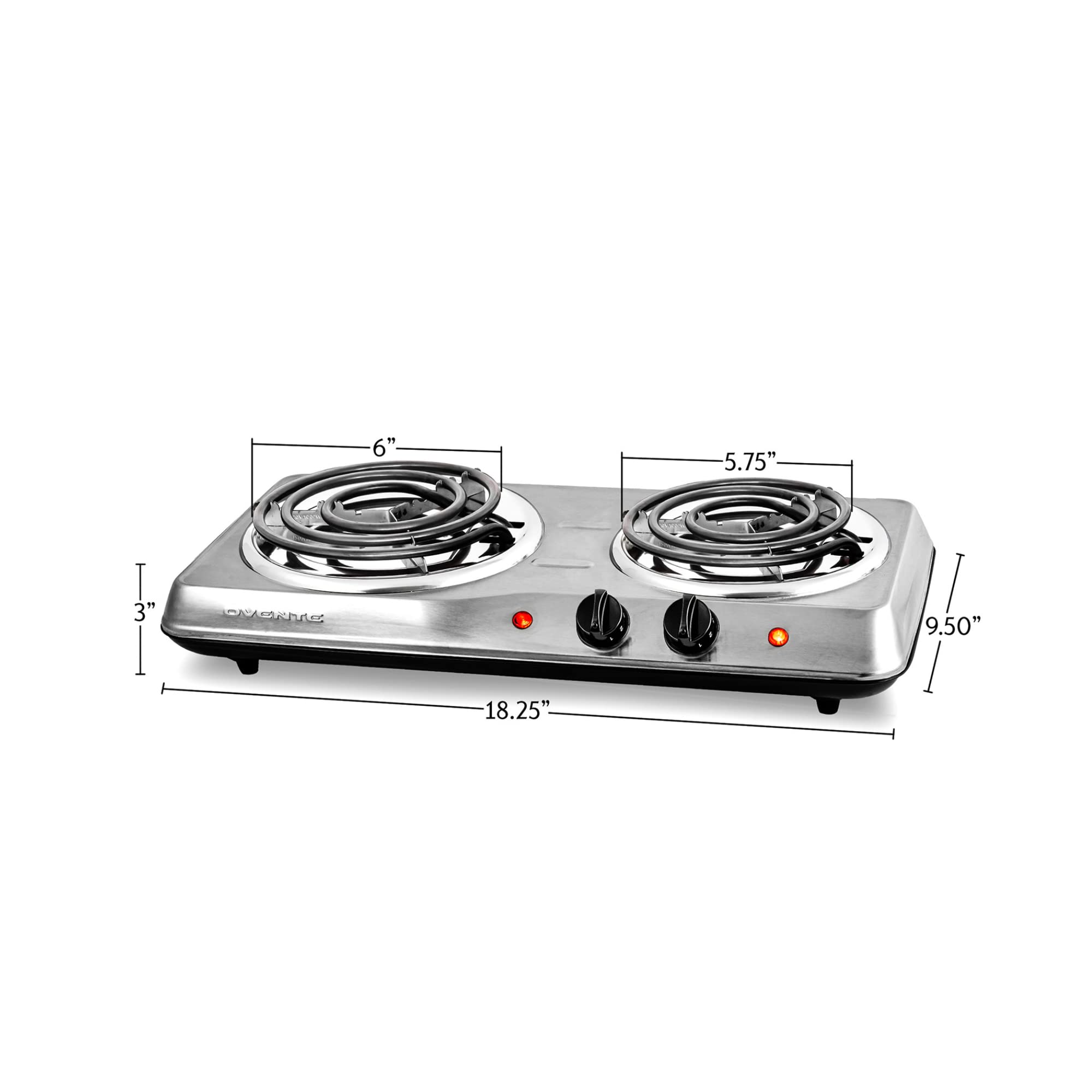 Ovente Electric Double Coil Burner 6 & 5.75 Inch Hot Plate Cooktop with Temperature Control and Easy to Clean Stainless Steel Base, 1700W Portable Countertop Stove for Home or Dorm, Silver BGC102S