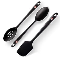DI ORO 3-Piece Seamless Silicone Spoon and PRO 14in Seamless Silicone Spatula Bundle - 600F Heat-Resistant Rubber Non-Stick Slotted and Solid Spoons for Mixing and Serving - BPA Free