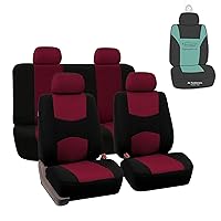 FH Group Flat Cloth Seat Covers Front Seat and Solid Rear Bench Full Set with Gift - Universal Fit for Cars, Trucks & SUVs (Burgundy)