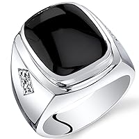 PEORA Men's Genuine Black Onyx Knight Signet Ring 925 Sterling Silver, Large 15x12mm Cushion Cut Sizes 8 to 13