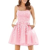 Sparkly Tulle Homecoming Dresses for Teens Lace Short Prom Dress Spaghetti Straps Party Gowns with Pockets