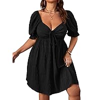SOLY HUX Womens Plus Size Summer Dresses Sweetheart Neck Puff Short Sleeve Tie Swing A Line Midi Dress