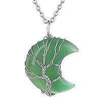 FOCALOOK Tree of Life Wire Wrapped Natural Healing Crystal Necklaces 12 Month Birthstone Pendant for Women, Crescent/Heart Gemstone Jewelry, Vintage Quartz Reiki Spiritual Energy Gift