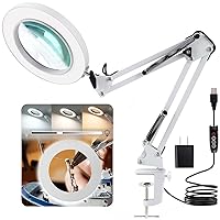 10X Magnifying Glass with Light and Stand, Real Glass Lens 3 Color Modes Stepless Dimmable, Hands Free Adjustable Arm LED Lighted Magnifier Desk Lamp & Clamp for Crafts Reading Repair - White