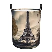The Eiffel Tower Print Laundry Hamper Waterproof Laundry Basket Protable Storage Bin With Handles Dirty Clothes Organizer Circular Storage Bag For Bathroom Bedroom Car