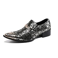 Men Black Loafers Slip on Metal Pointed Toe Block Heel Flats Premium Genuine Leather Shiny