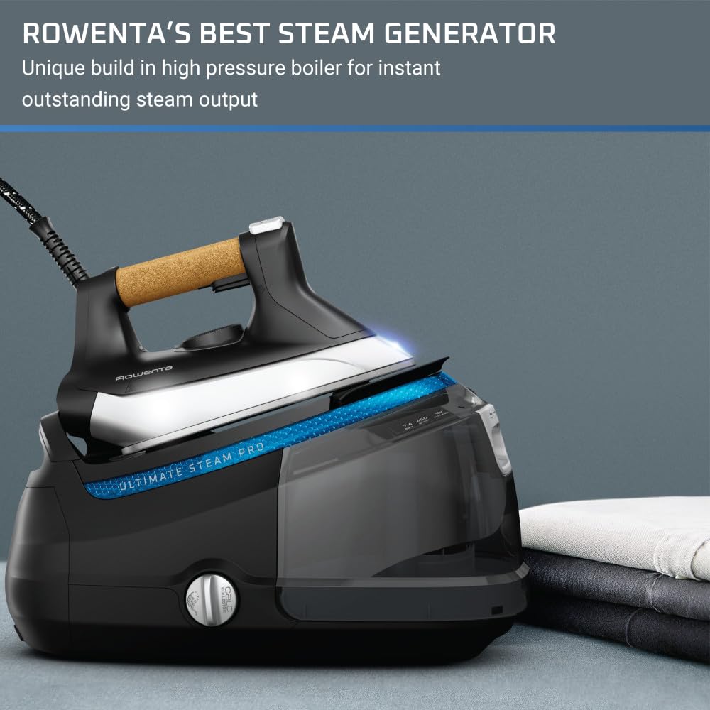 Rowenta Ultimate Stainless Steel Soleplate Steam Station for Clothes with Water Tank 1.3 Liter Capacity, Removable Tank 1800 Watts Ironing, Fabric Steamer, Garment Steamer DG8668,Black