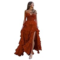 Lace Strapless Corset Prom Dresses for Women 2024 Long Tiered Ruffle Chiffon Formal Evening Dress with Slit