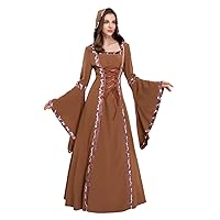 Halloween Medieval Retro Hooded Dresses,Square Neck Lace Up Flared Sleeves Swing Dresses,Stage Performance Costumes.