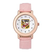 Maryland Flag Fashion Leather Strap Women's Watches Easy Read Quartz Wrist Watch Gift for Ladies