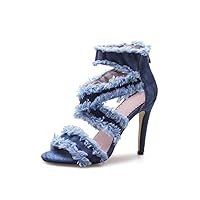 Women Stiletto Denim Sandals Cross Strappy High Heels 10CM Open Toe Ankle Strap Party Dress Shoes
