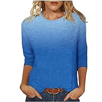 Women Blouse 3/4 Sleeve Crew Neck Gradient Print Tops Trendy Three Quarter Length Sleeve T Shirt Summer Fall Tshirts
