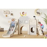 Toddler Slide, 8 in 1 Kids Indoor Slide for Toddler 1-3, Indoor Outdoor Toddler Playground with Basketball Hoop and Telescope, Baby Slide Toddler Indoor Slide Playset(White&Gray)